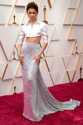 Zendaya Inspired White Silver Sequin Two Piece Celebrity Formal Prom Dress Oscars 2022
