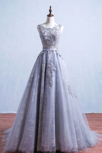 Moonlit Garden – Embroidered Gray Tulle Dress