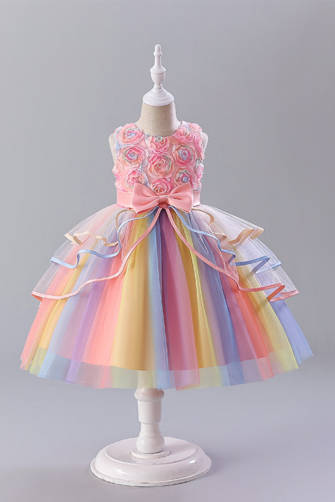 Girls' Rainbow Tulle Dress with Floral Appliqué and Bow Detail
