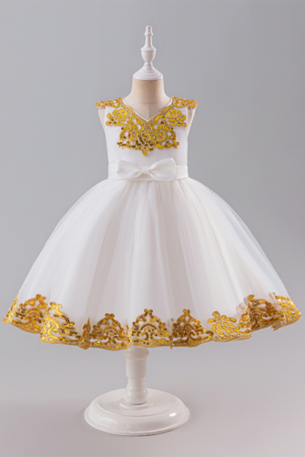 Girls' White and Gold Embroidered Tulle Dress with Bow Detail