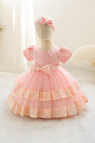 Girls' Pink Lace-Embellished Tulle Dress with Sequin Ruffles and Bow Detail