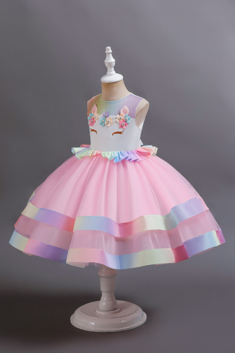 Girls' Unicorn Tulle Dress with Rainbow Ruffles and Floral Embellishments