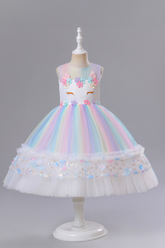 Girls' Unicorn Tulle Dress with Rainbow Stripes and Floral Embellishments