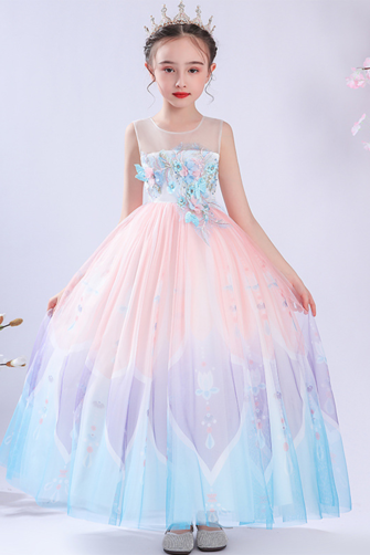 Princess-Inspired Gradient Floral Embroidered Toddler Dress with Tulle Skirt.