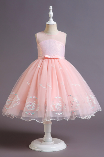 Elegant Blue Floral Embroidered Tulle Dress with Satin Bow