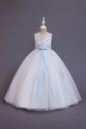 Delicate Floral Embroidered White Tulle Dress with Blue Satin Ribbon