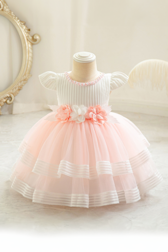 Charming Pink and White Tulle Dress with Floral Waist and Pleated Bodice.
