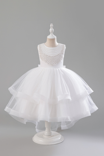 Elegant White Tulle Dress with Beaded Neckline and Tiered Skirt