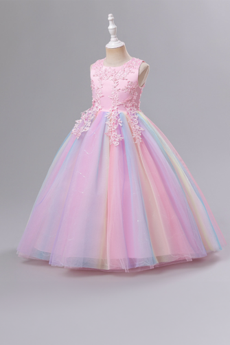 Pastel Princess Dress with Floral Lace Bodice and Sparkling Tulle Skirt