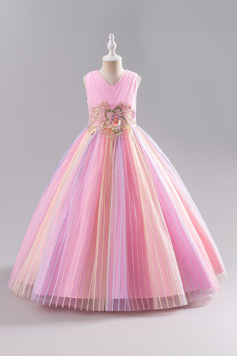 Charming Pink and Pastel Striped Tulle Dress with Floral Beaded Waist