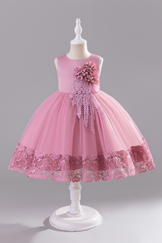 Elegant Pink Tulle Dress with Lace Trim and Floral Embellishment