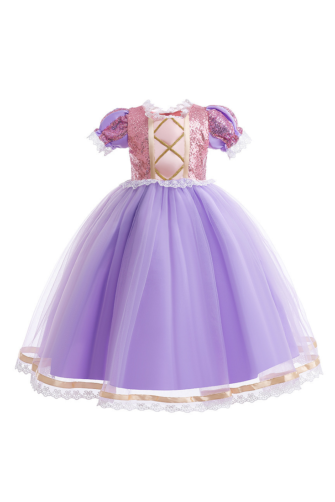 Fairy Tale-Inspired Purple Tulle Dress with Sequin Bodice and Lace Trim.