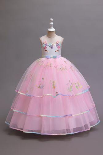 Whimsical Pink Flower Embroidered Tulle Dress with Bunny Ears and Rainbow Trim.