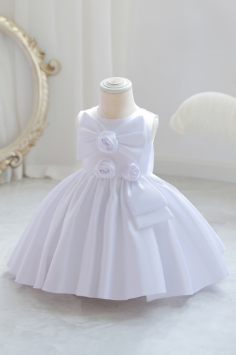 Classic White Satin Dress with Floral Bow Details.