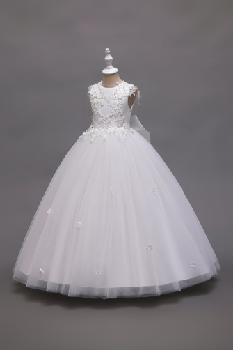 Elegant White Floral Embroidered Tulle Ball Gown with Satin Bow.