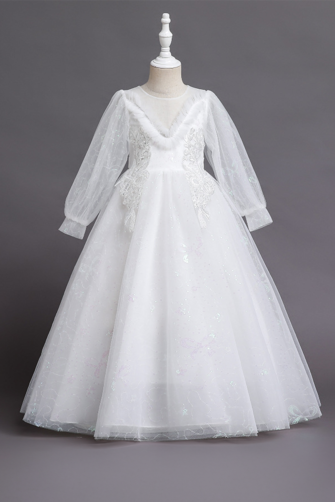 Elegant White Tulle Dress with Floral Lace and Long Sleeves.