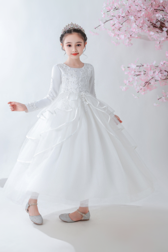 Elegant White Tulle Dress with Long Sleeves and Ruffled Skirt