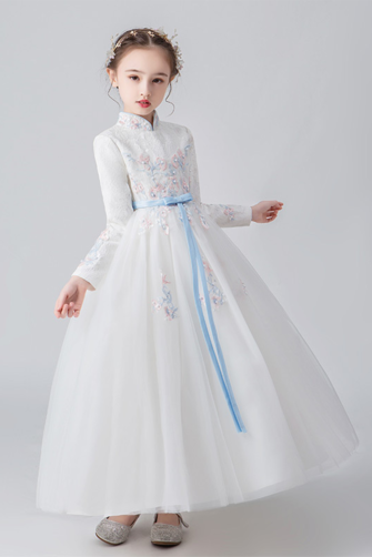 Graceful White Embroidered Long Sleeve Flower Girl Dress with Blue Ribbon Belt