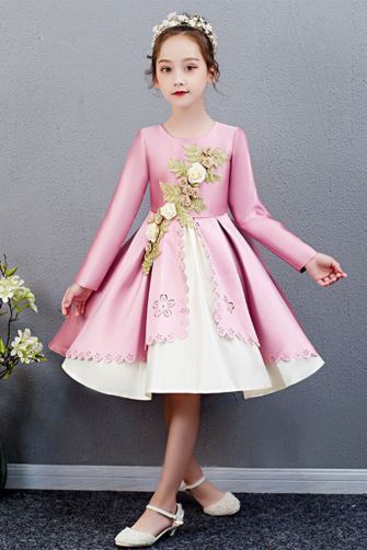 Charming Pink and White Flower Girl Dress with Long Sleeves and Floral Embellishments