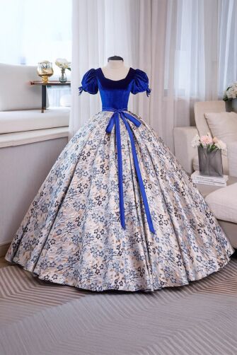 Royal Sonata – Blue Velvet and Floral Jacquard Ball Gown with Ribbon Waist