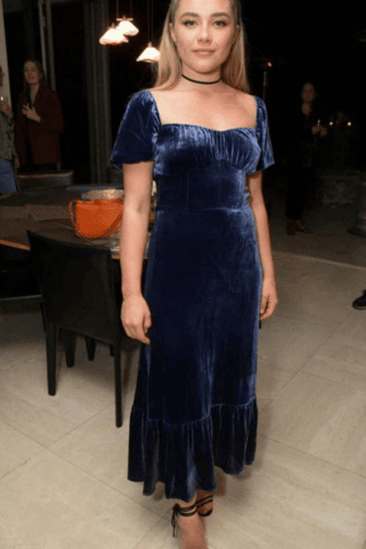 Florence Pugh Inspired Navy Blue Velvet Christmas Cocktail Party Celebrity Dress