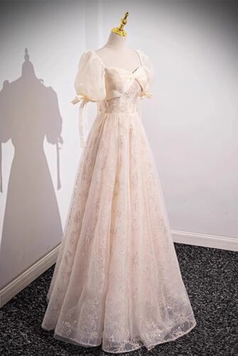 Champagne Whisper – Vintage Puff Sleeve Gown
