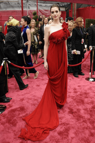 Anne Hathaway Red Floral One-shoulder Chiffon Celebrity Formal Prom Dress Oscars 2008