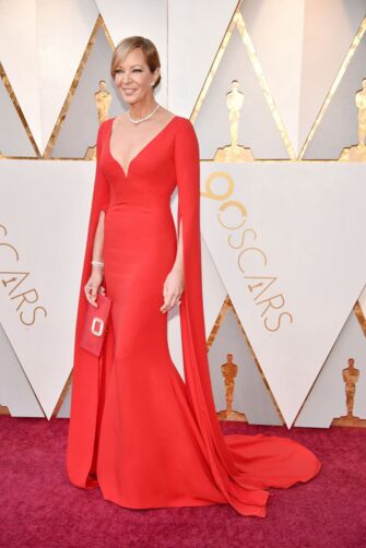 Allison Janney Red Long Cape-sleeve Mermaid Formal Celebrity Dress Oscars 2018