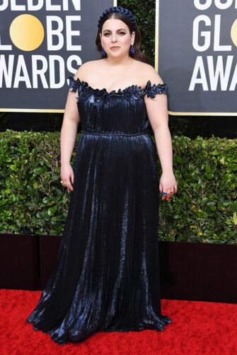 Beanie Feldstein Navy Off-the-shoulder Plus Size Formal Dress Golden Globes 2020
