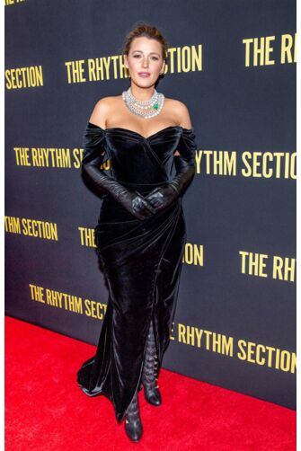 Blake Lively Black Velvet Off-the-shoulder Dress with Slit 'The Rhythm Section' Premiere