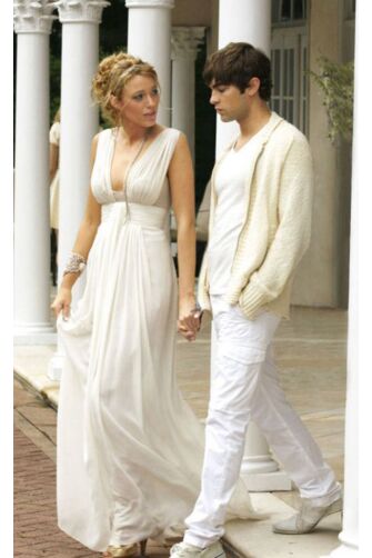 Blake Lively White V-neck Sleeveless Chiffon Formal Prom Celebrity Dress Gossip Girl