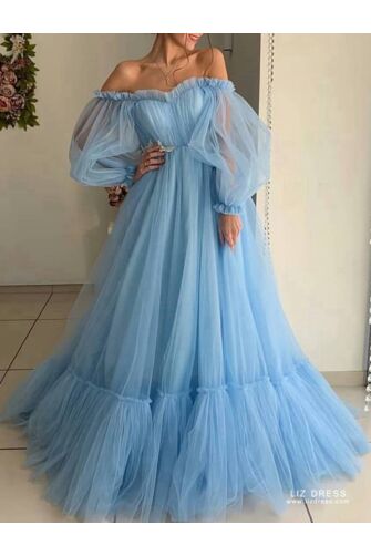 Sky Blue Off the Shoulder Ruffled Tulle Ball Gown Formal Prom Dress