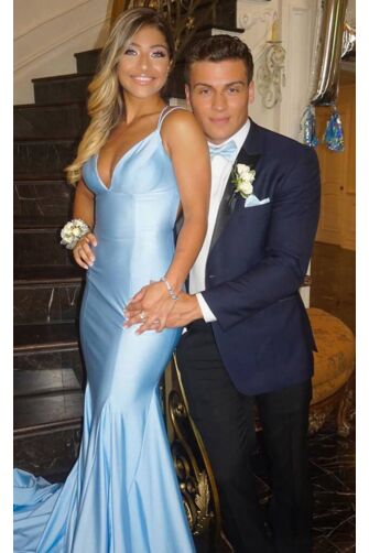 Celebrity Inspired Light Blue Spaghetti Strap V Neck Mermaid Formal Prom Dress 2020