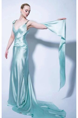 Elle Fanning Inspired Light Blue Satin Celebrity Formal Prom Dress Golden Globes 2021