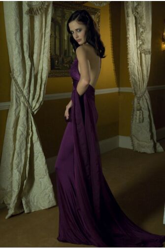 Twilight Allure Eva Green Inspired Purple Strapless Cape Sweep Train Celebrity Formal Prom Dress Casino Royale