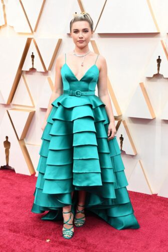 Florence Pugh Inspired Teal Blue Satin Formal Prom Celebrity Dress Oscars 2020