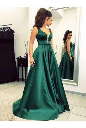 Emerald Enchantment Dark Green Satin Celebrity Formal Prom Dress Plunging V Neck A Line Sweep Train