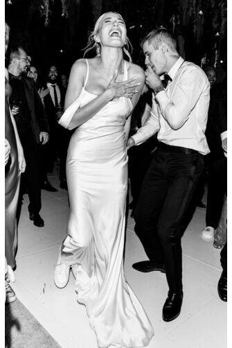 Hailey Bieber Inspired White Satin Backless Celebrity Wedding Reception Dress