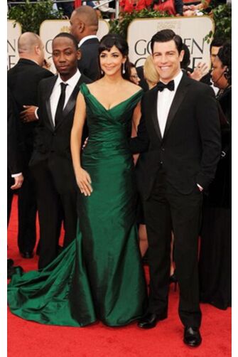 Hannah Simone Inspired Green Off-the-shoulder Evening Dress Golden Globes 2012