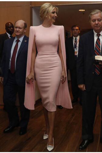 Diplomat’s Poise – Summit Reception–Inspired Blush Pink Pleated Cape-Sleeve Sheath Midi Dress