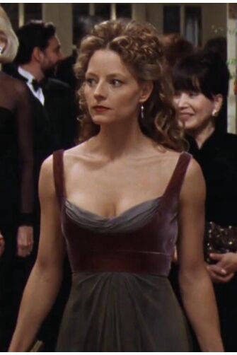 Jodie Foster Inspired Burgundy and Gray Satin Dress in Contact – Elegant Evening Gown with Square Neckline and Floor-Length Design