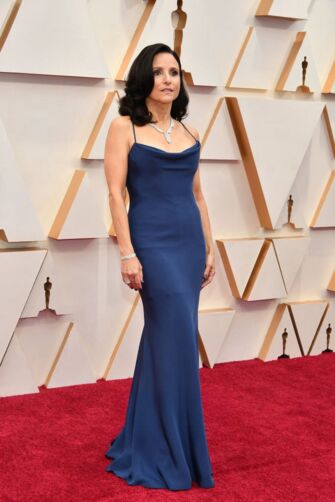 Julia Louis-Dreyfus Navy Satin Mermaid Formal Evening Celebrity Dress Oscars 2020