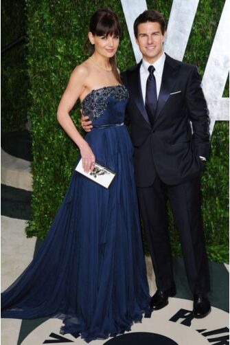 Katie Holmes Navy Strapless Chiffon Formal Dress Vanity Fair Oscar Party 2012