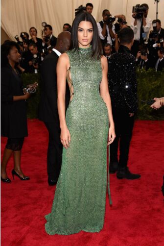 Emerald Matrix Kendall Jenner Inspired Green High Neck Lace-Up Sheath Celebrity Formal Prom Dress Met Gala 2015