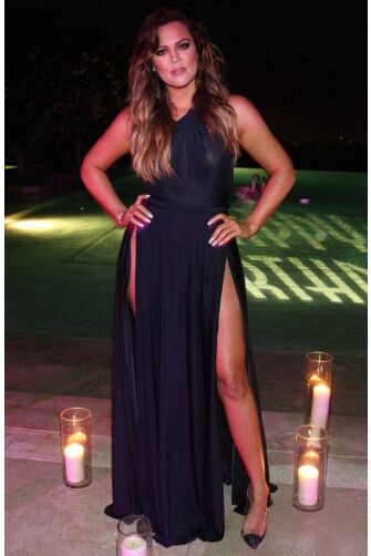 Khloe Kardashian Navy One-shoulder Formal Dress with Slit Birthday Party