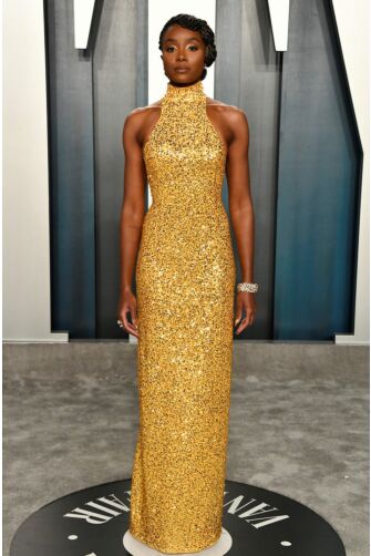 Kiki Layne Gold Sequin High-neck Formal Prom Dress Vanity Fair Oscars Party 2020