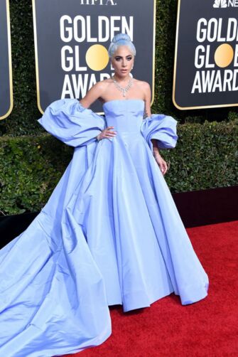 Lady Gaga Lavender Strapless Formal Dress with Cape-sleeves Golden Globes 2019