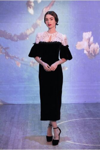 Lily Collins Inspired Black and White Lace Midi Length Celebrity Cocktail Party Dress