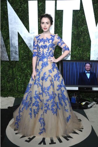 Enchanted Bloom Lily Collins Inspired Blue Lace Embroidered Tulle Ball Gown Celebrity Formal Prom Dress Vanity Fair Oscar Party 2012