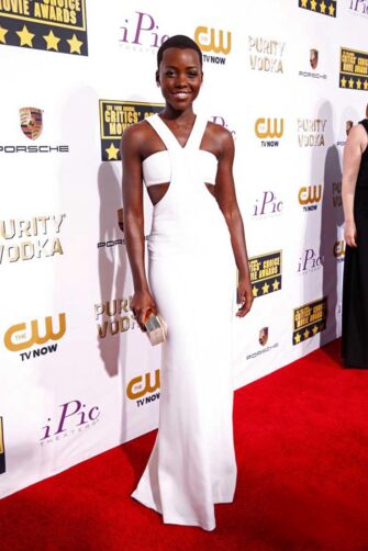 Lupita Nyong’o White Halter Cut-out Formal Dress Critics’ Choice Awards 2014